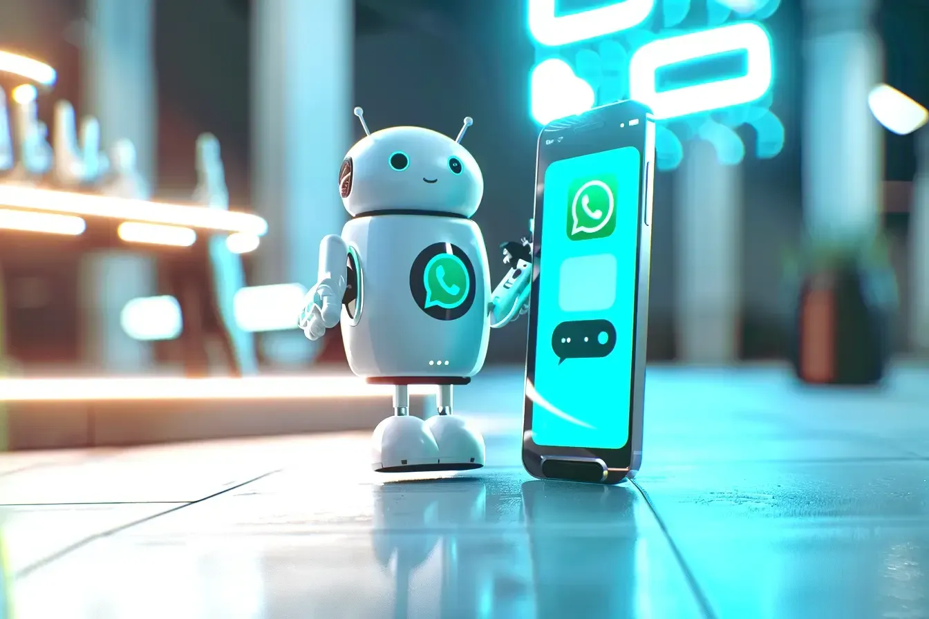 Un petit robot blanc et sympathique se tient à côté d'un smartphone affichant le logo WhatsApp et une interface de chat.