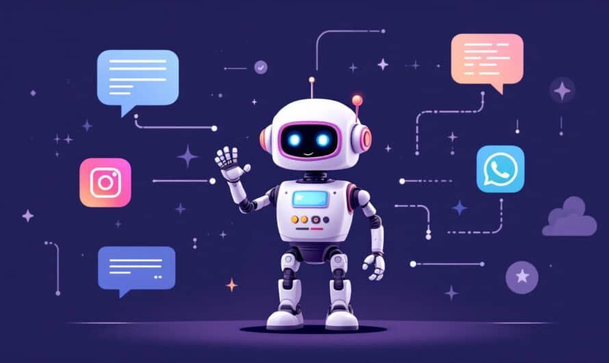 Un robot blanc et amical fait signe de la main, entouré d'icônes de réseaux sociaux et de bulles de dialogue sur un fond violet foncé.