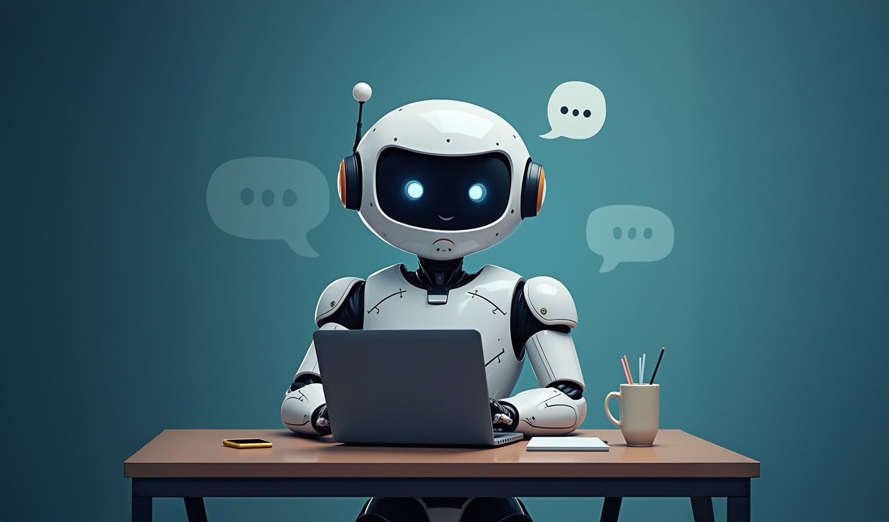 Un robot blanc aux yeux bleus brillants travaille à un bureau sur un ordinateur portable, entouré de bulles de dialogue flottantes sur un fond bleu.