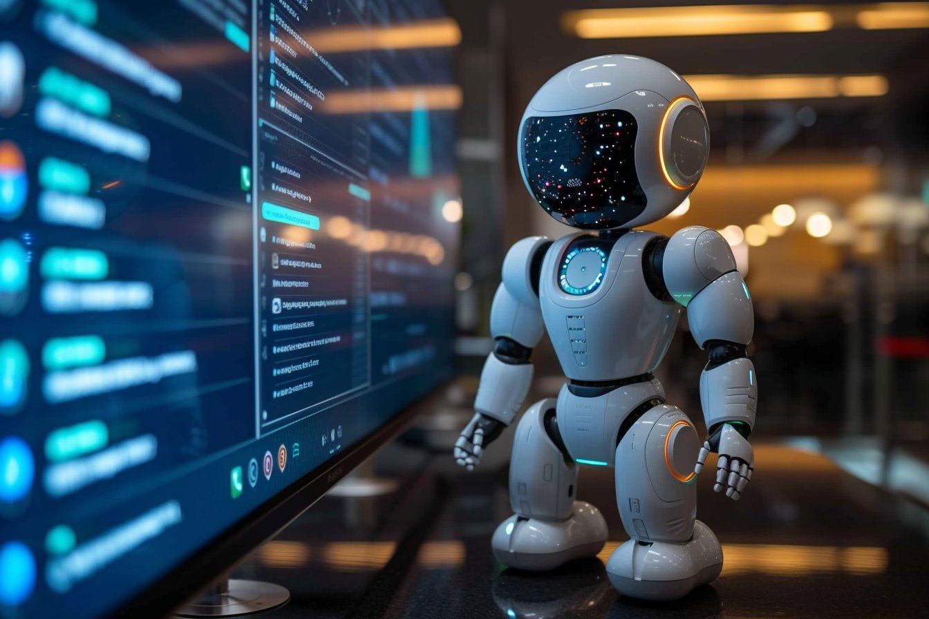 Un petit robot humanoïde blanc se tient debout sur un bureau à côté d'un grand écran d'ordinateur affichant du code logiciel.