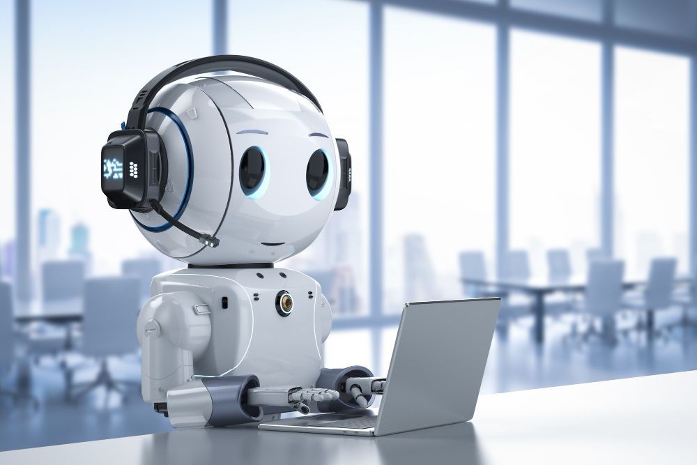 Dans une salle de conférence moderne et lumineuse, un petit robot blanc à l'air sympathique porte un casque audio.