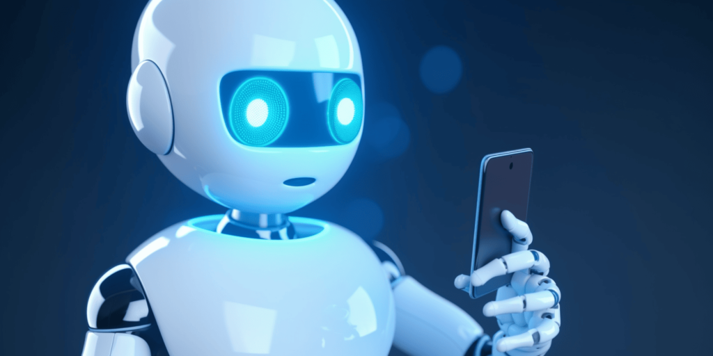 Un robot blanc futuriste aux yeux bleus lumineux tient et regarde un smartphone noir sur un fond bleu foncé.