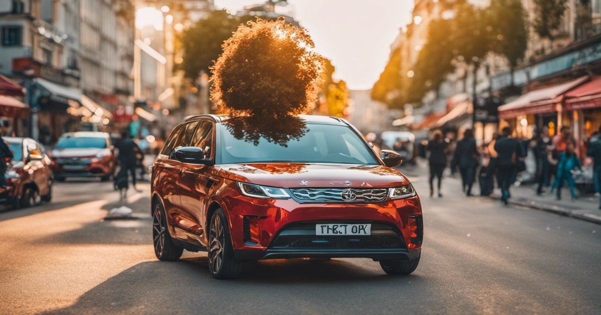 Une voiture rouge roule dans une rue animée de la ville.