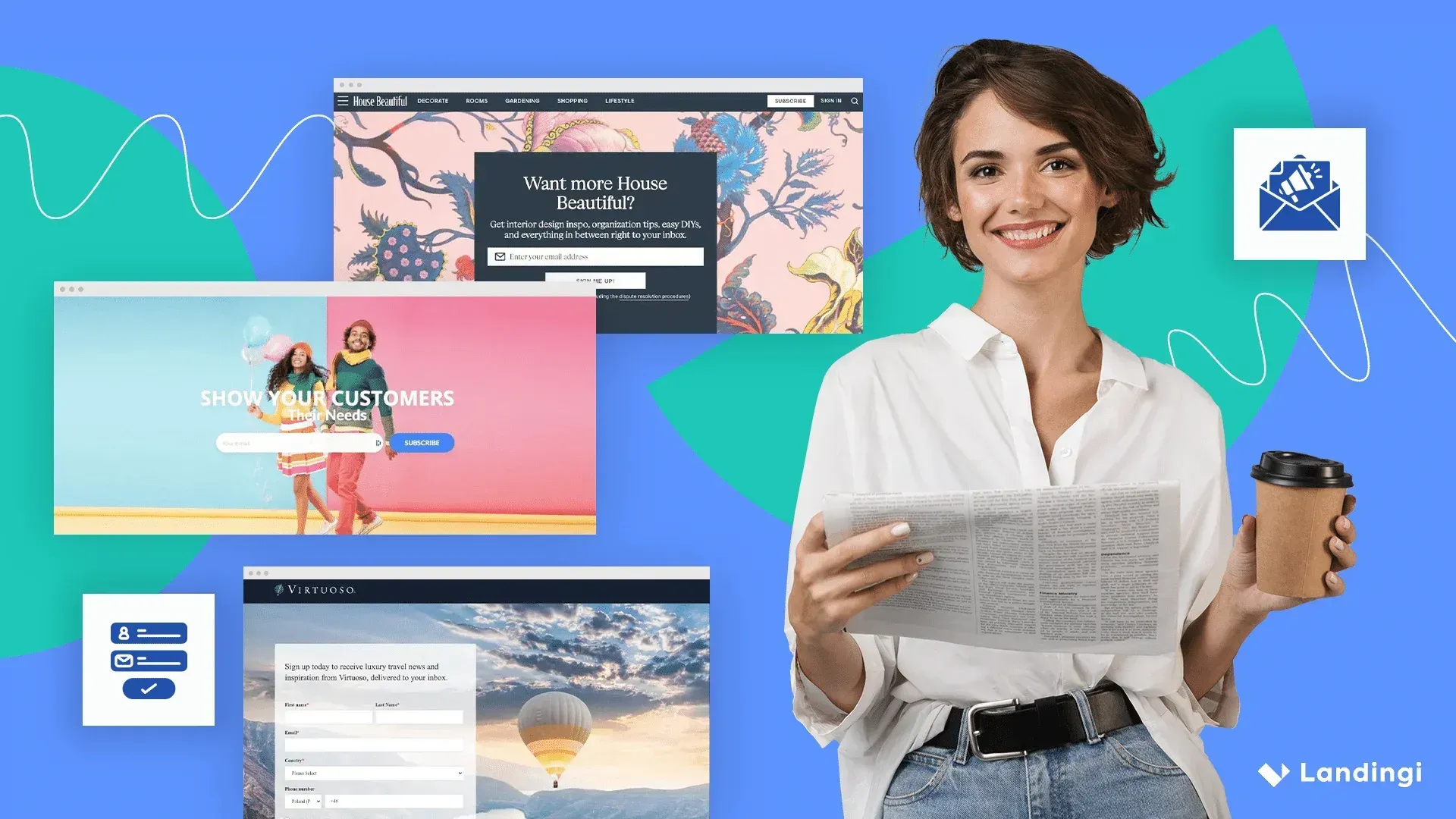 Une personne souriante tient un papier et une tasse de café sur un fond bleu orné de maquettes de pages d'accueil de sites web flottantes.