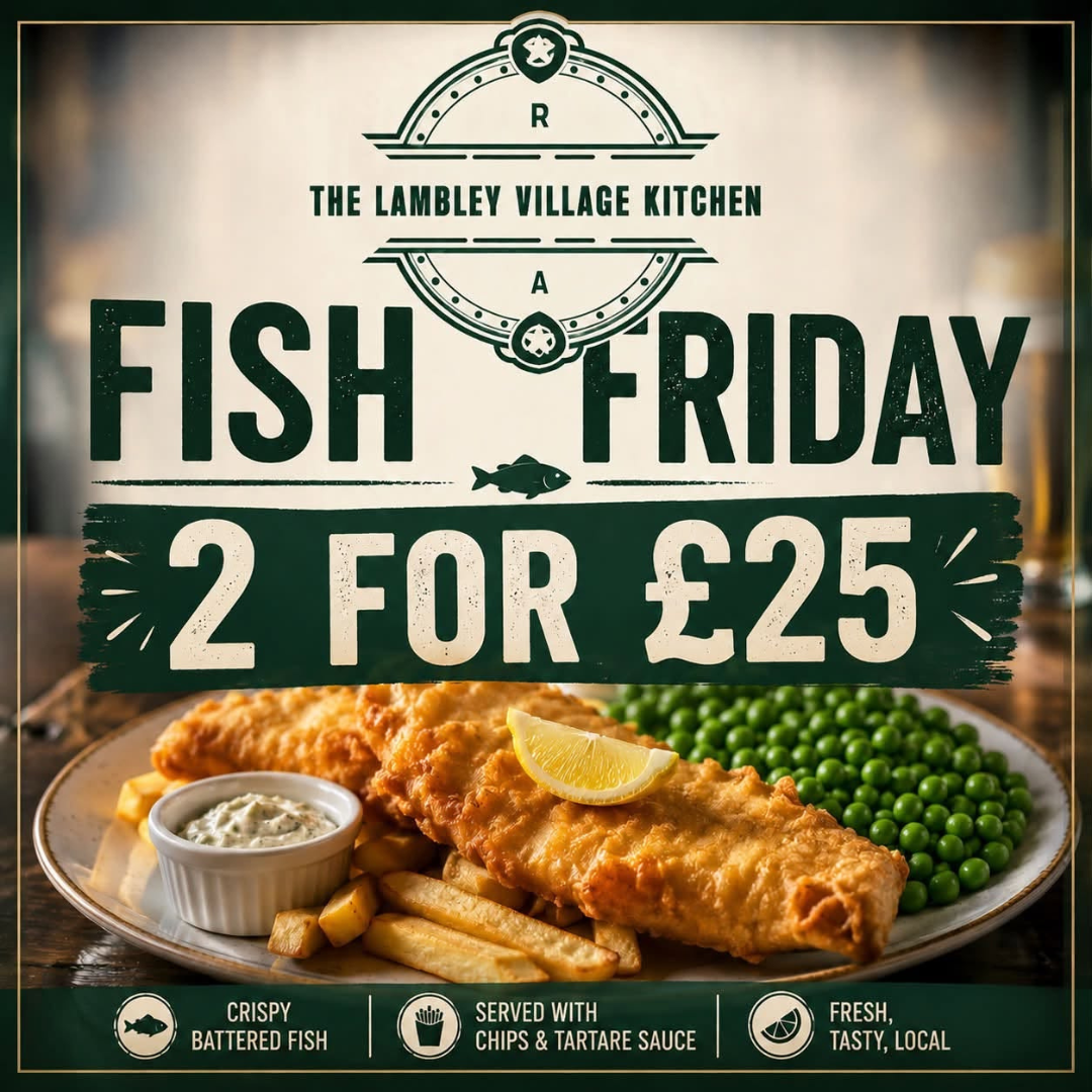 Fish Friday deal poster: 2 for £25, with battered fish, peas, and tartar sauce on a plate.