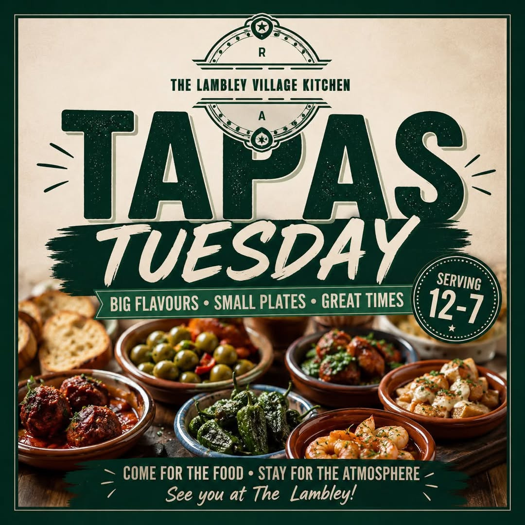 TAPAS Tuesday restaurant flyer with food bowls and bold green text, promoting big flavors, small plates, great times
