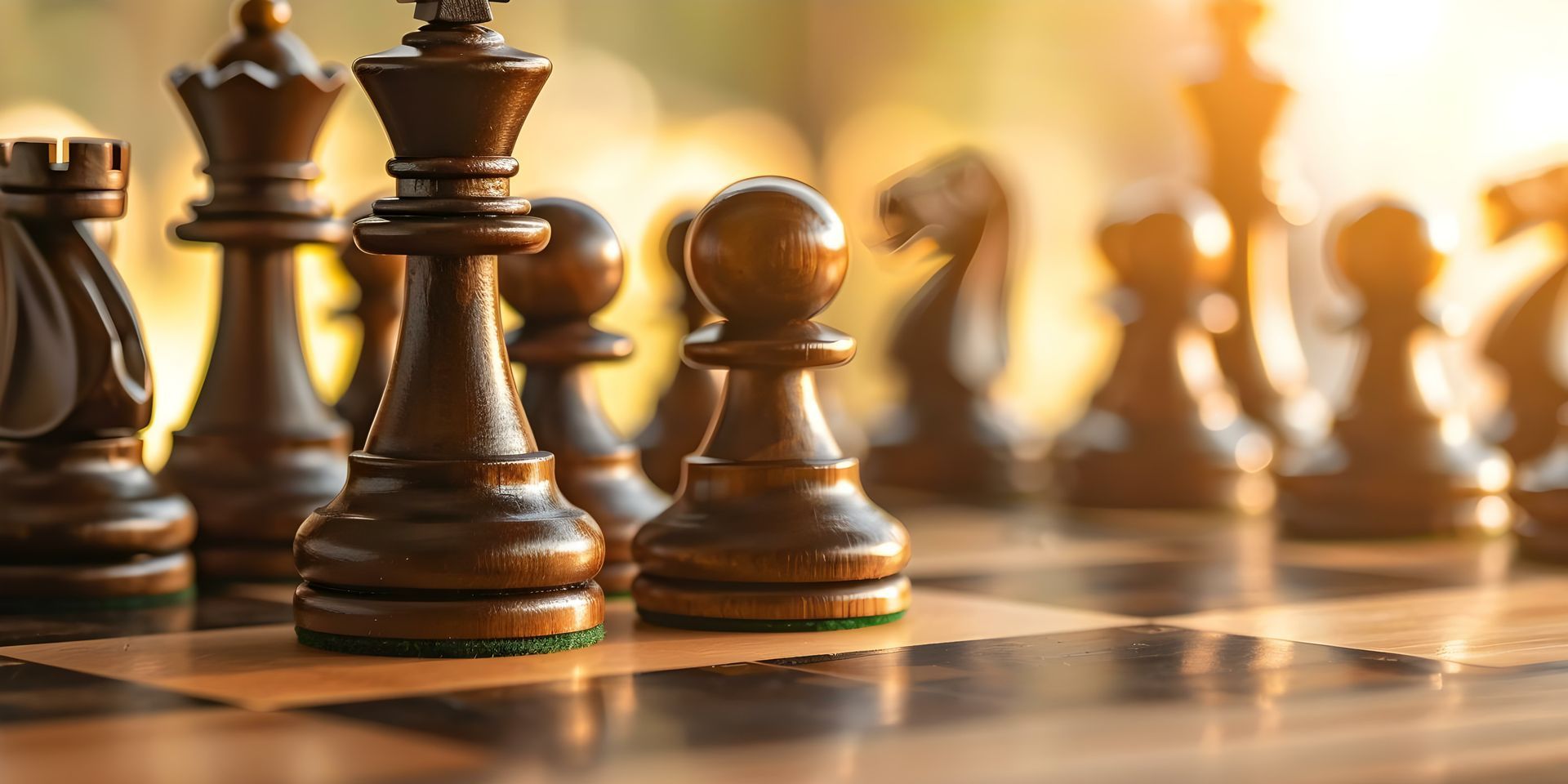 A close up of a wooden chess board with chess pieces on it.