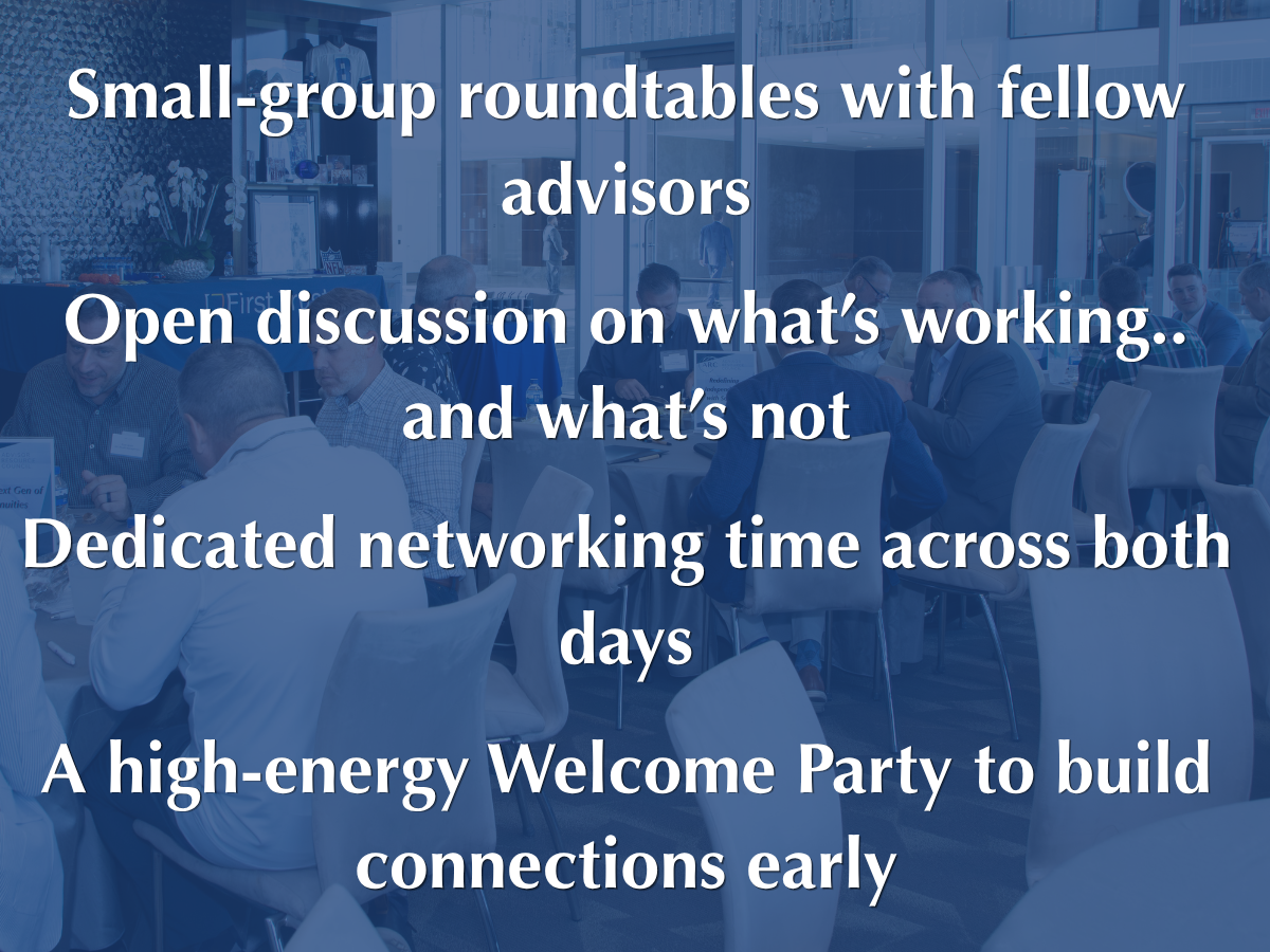 Conference promo with blurred attendees and text about small-group roundtables and networking