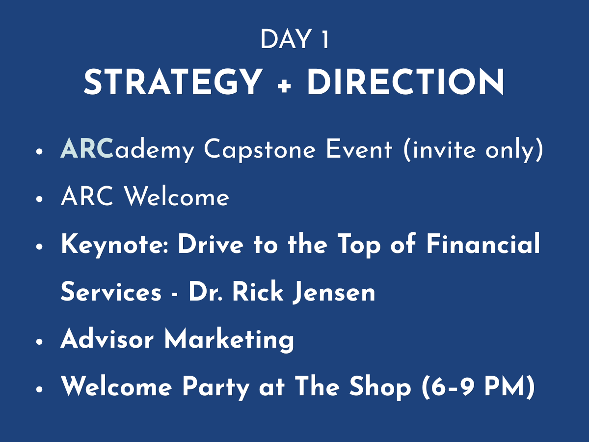 Blue agenda slide for Day 1, “Strategy + Direction,” listing capstone, welcome, keynote, advisor marketing, and party.