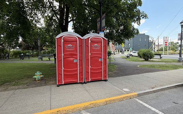 A pair of red portable toilets stands side by side in a green park, surrounded by trees and shrubs on a sunny day