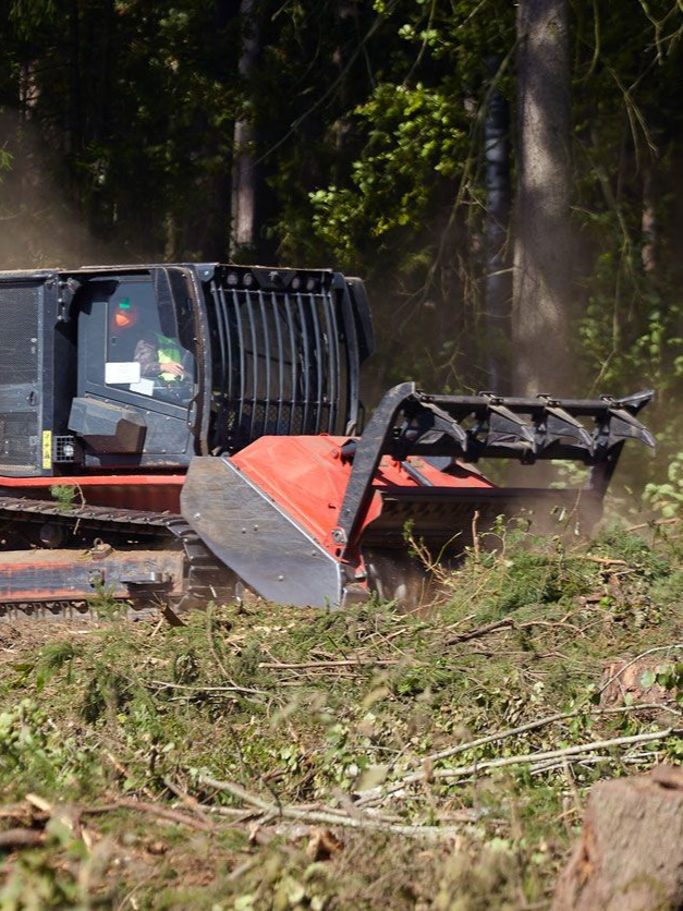 Orange and black forestry mulcher clearing brush in a wooded area.