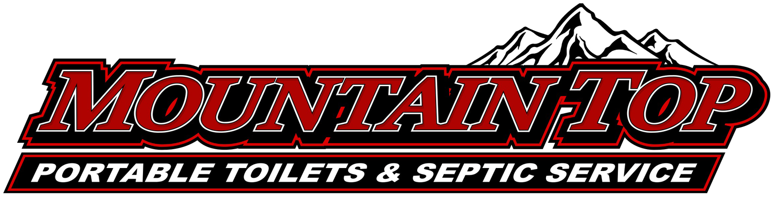 Logo for Mountain Top Portable Toilets & Septic Service, featuring text in red and black with mountain illustration.