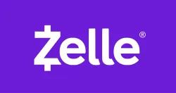 Zelle logo in white on a purple background