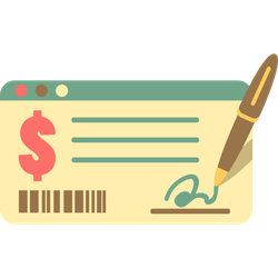 Illustrated check with dollar sign, barcode, and pen signing a line