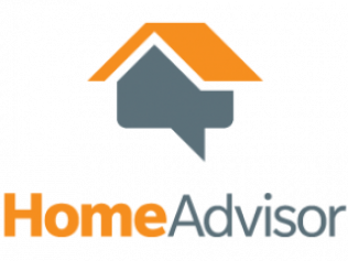 HomeAdvisor logo: house icon with orange roof above a gray speech bubble, orange and gray text below.