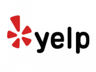 Yelp logo: red starburst icon next to black text, 