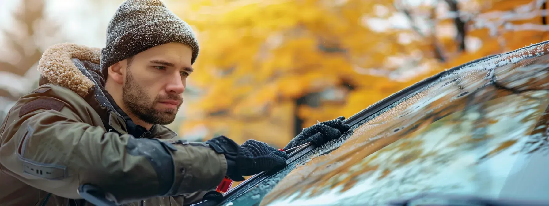A man is cleaning the windshield of a car.