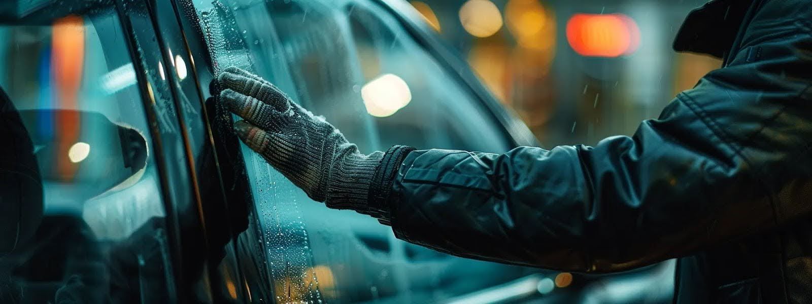 A man wearing gloves is opening the door of a car.
