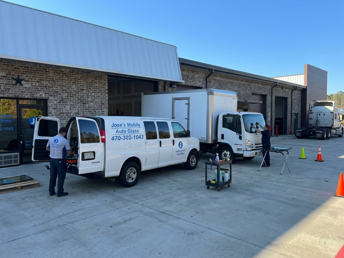 Worker in blue shirt and apron installs a car windshield in a workshop