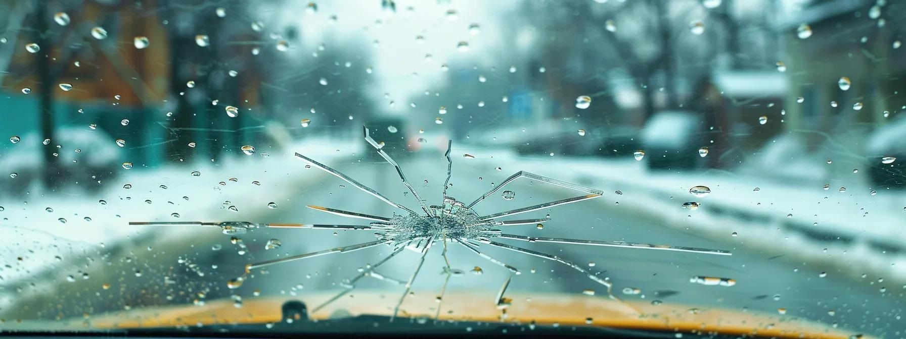 A close up of a broken windshield on a snowy day.