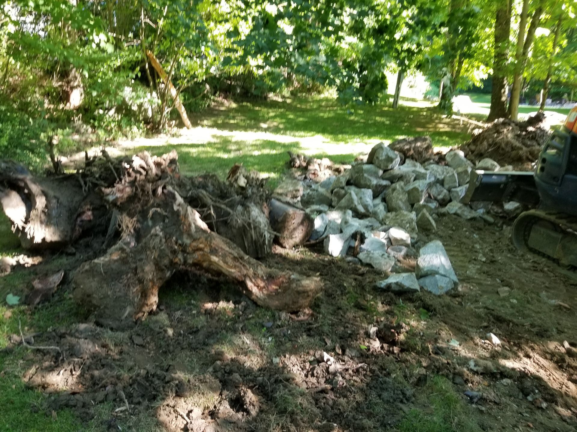 Tree stump and roots next to a pile of rocks in a grassy yard, under sunny skies.