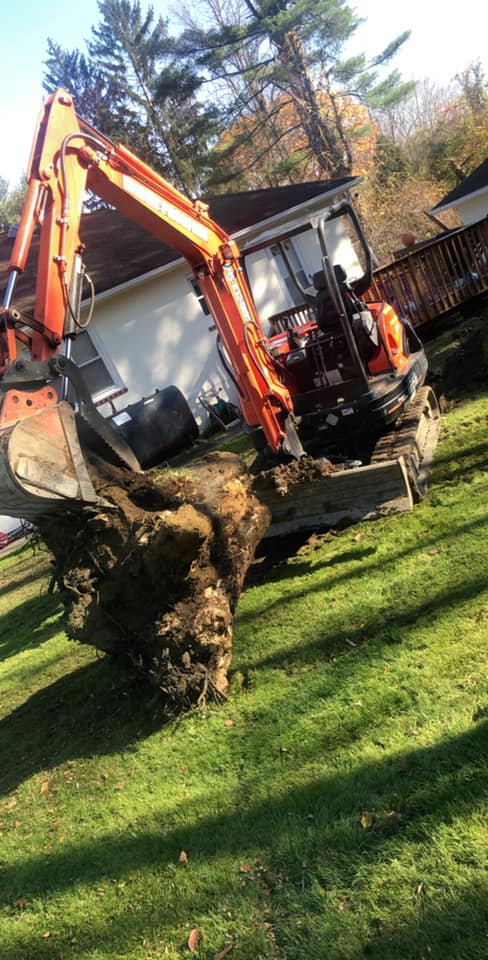 Orange excavator digging up dirt in a grassy yard, near a house.