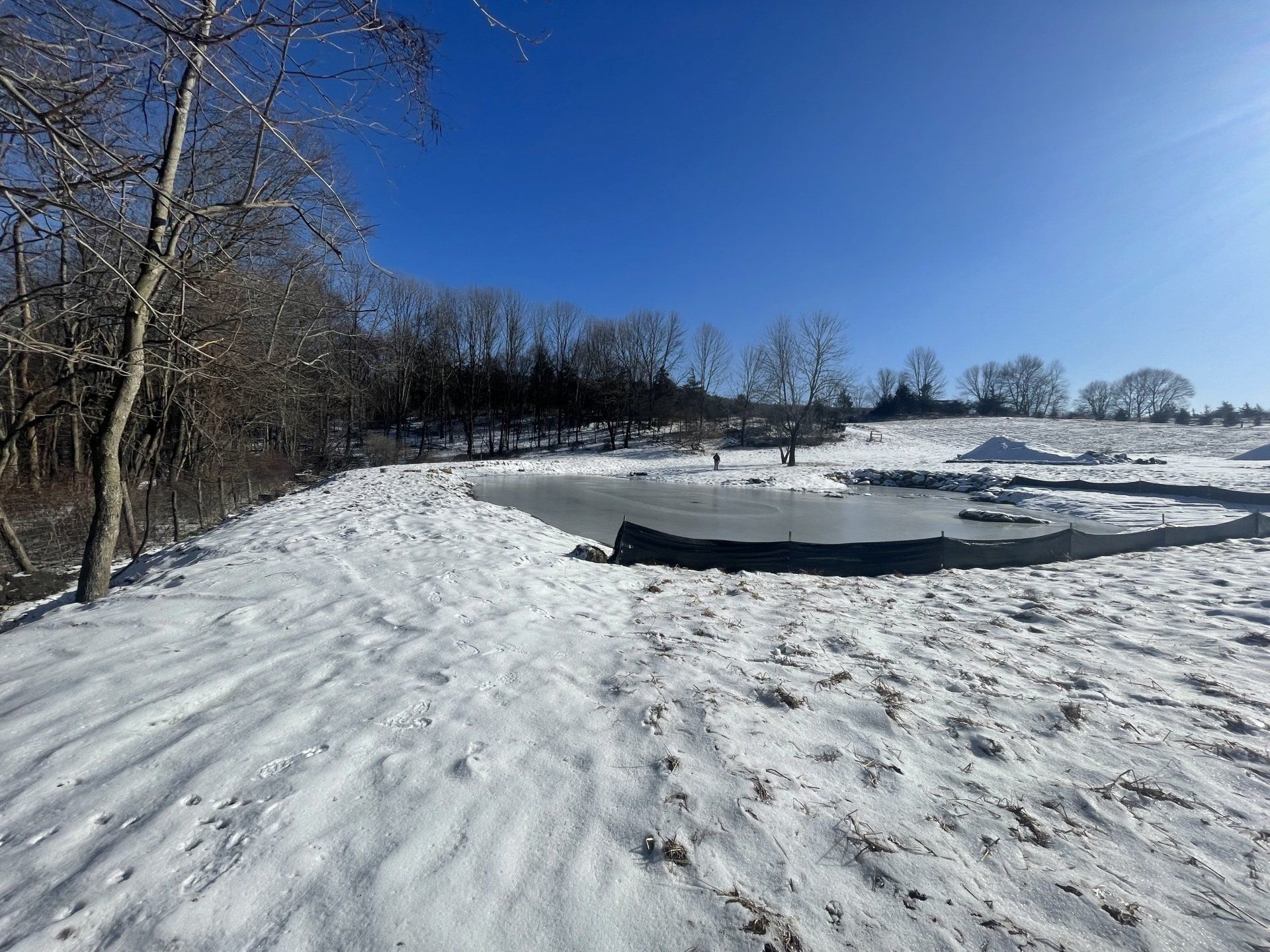 Snow-covered landscape with a frozen pond under a bright blue sky. Bare trees line the edge of the pond.