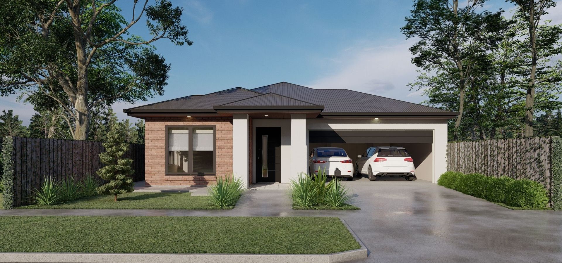 The front of a brick house with a porch and a garage.
