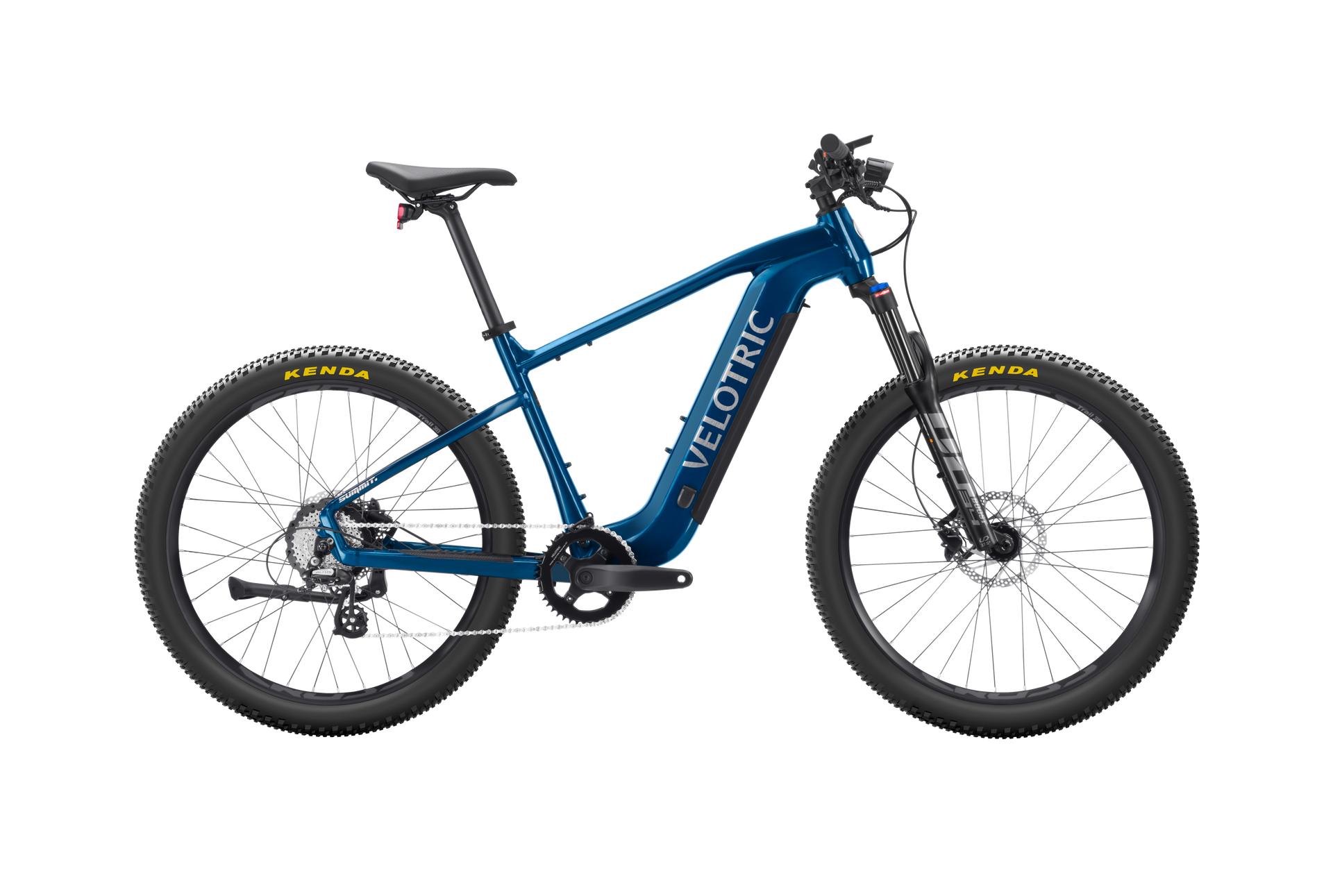 A blue electric mountain bike on a white background.