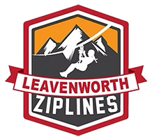 The logo for leavenworth ziplines shows a person climbing a mountain.