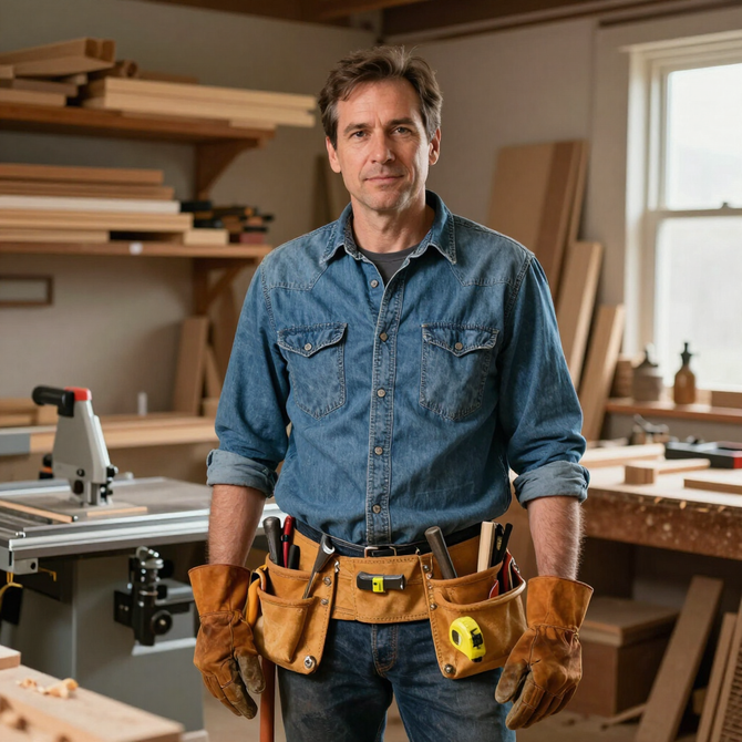 Workshop carpenter standing with tools, wearing denim shirt and leather tool belt in a woodshop.