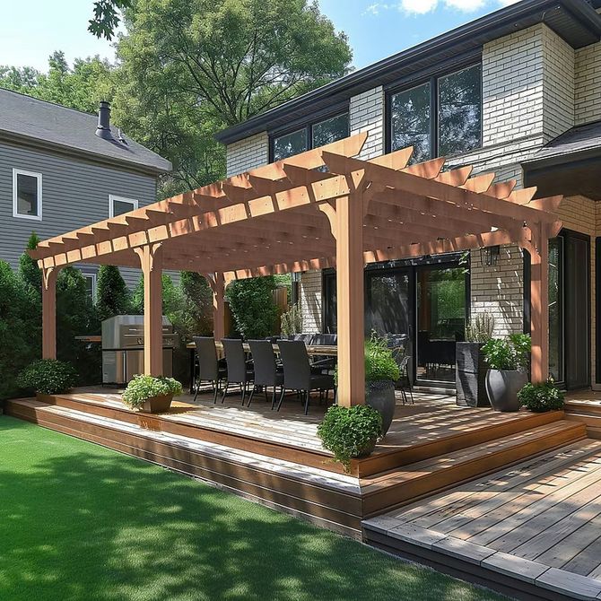 Wooden pergola-covered patio with dining set and lounge chairs in a landscaped backyard beside a modern house