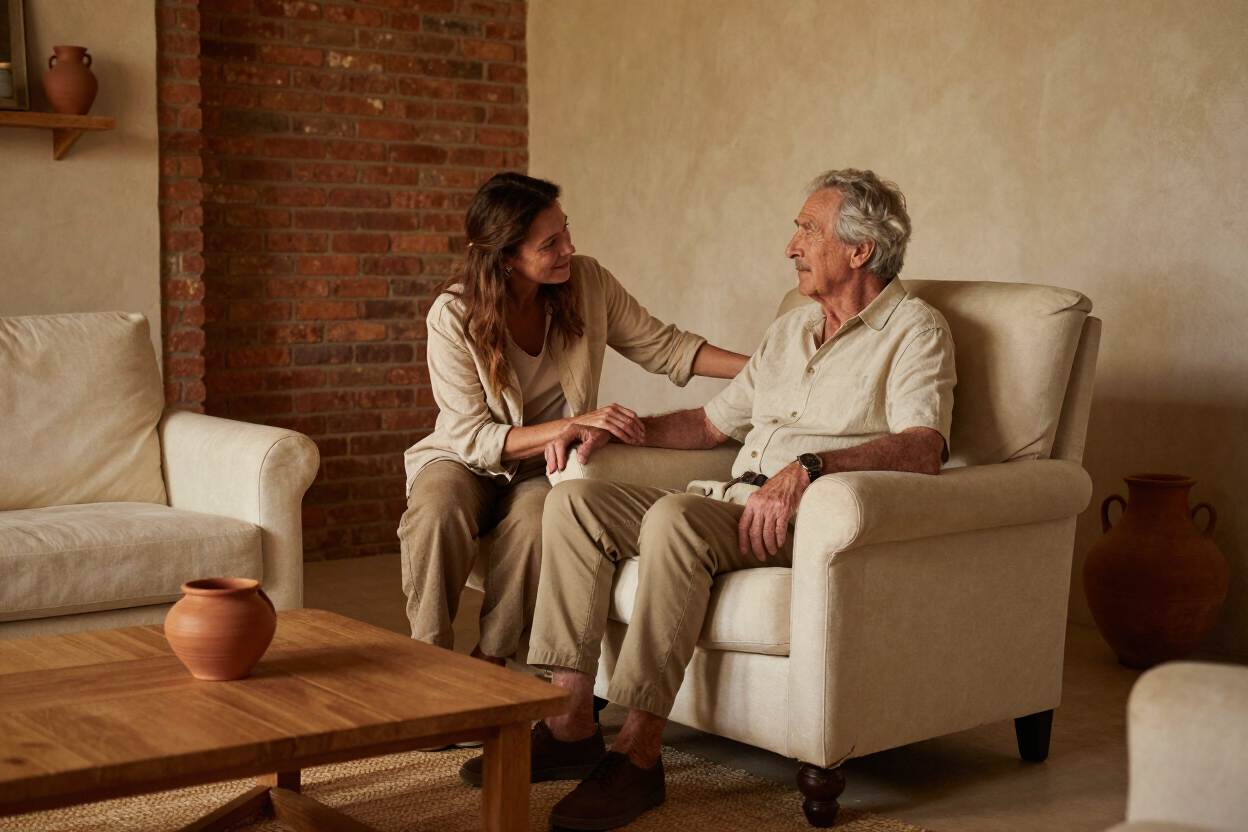 A warm pastoral visit: a congregation member visiting an older person at home