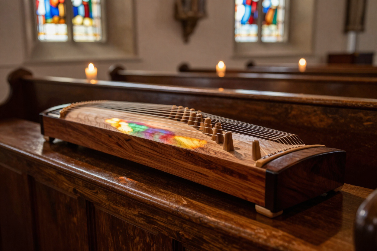 A wooden dulcimer resting on a church pew in warm candlelight