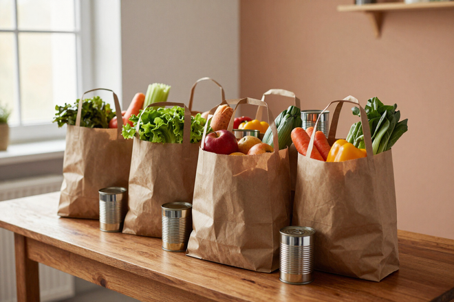 Community food cupboard with grocery bags and produce