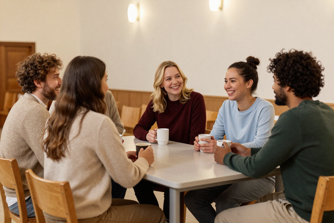 People around a table laughing with coffee mugs at a church hall