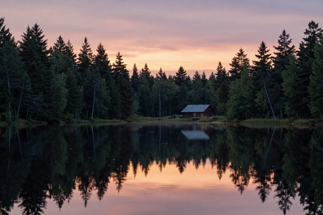 Calm lake at dusk surrounded by boreal forest with cabin silhouette