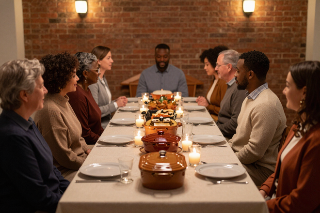 Long church-hall dinner table with candles and a mix of ages