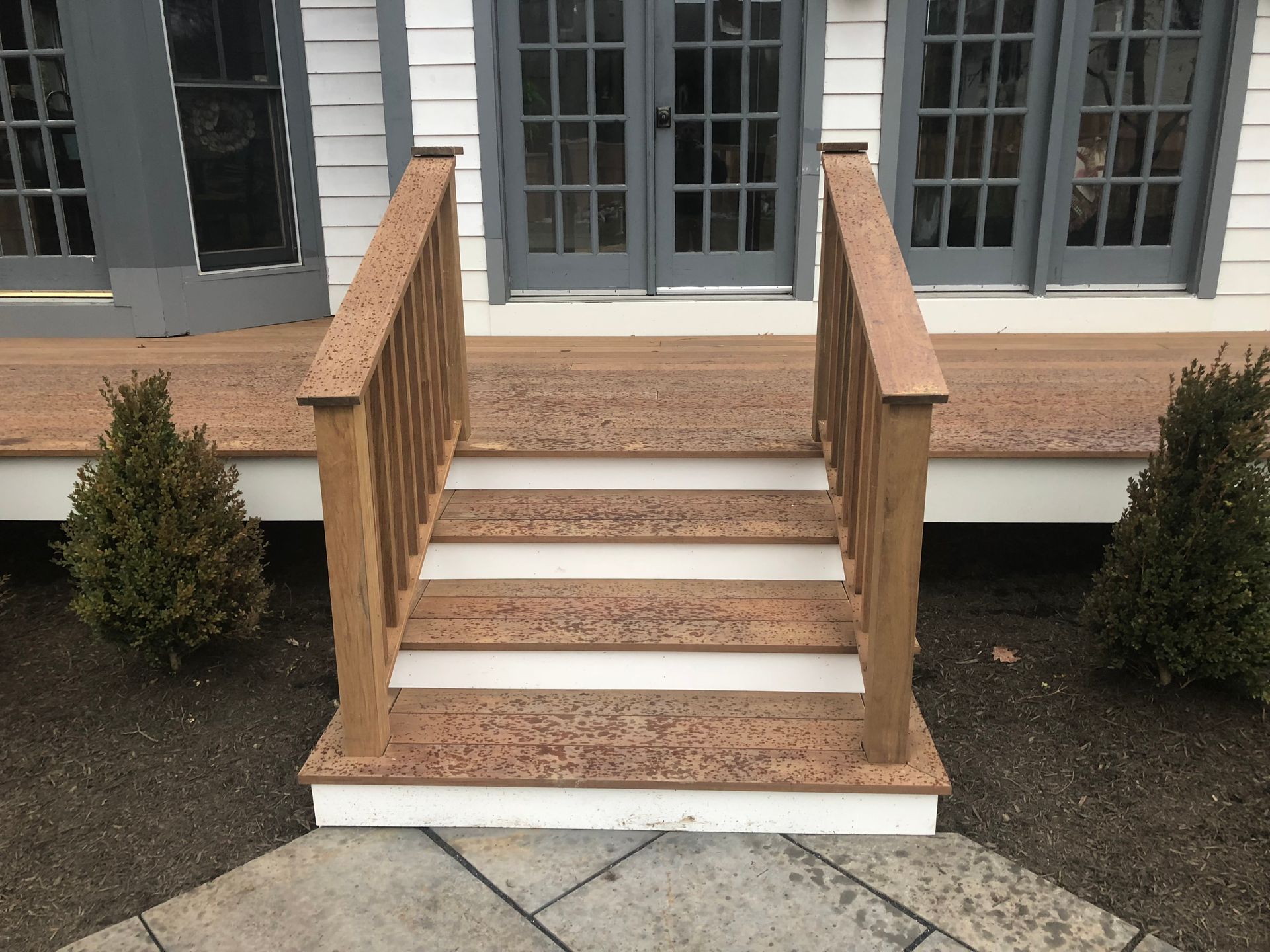 Wooden steps leading up to gray double doors, flanked by small green bushes.