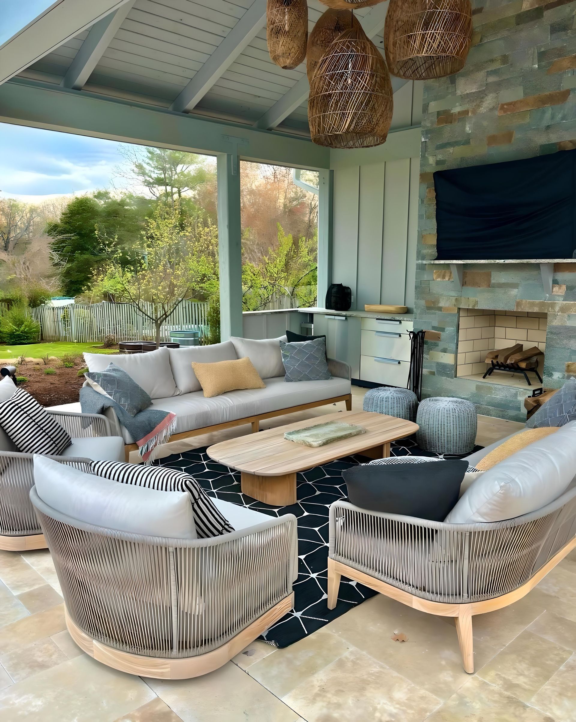 Outdoor living space with sofa, chairs, coffee table, fireplace, and woven hanging lights.