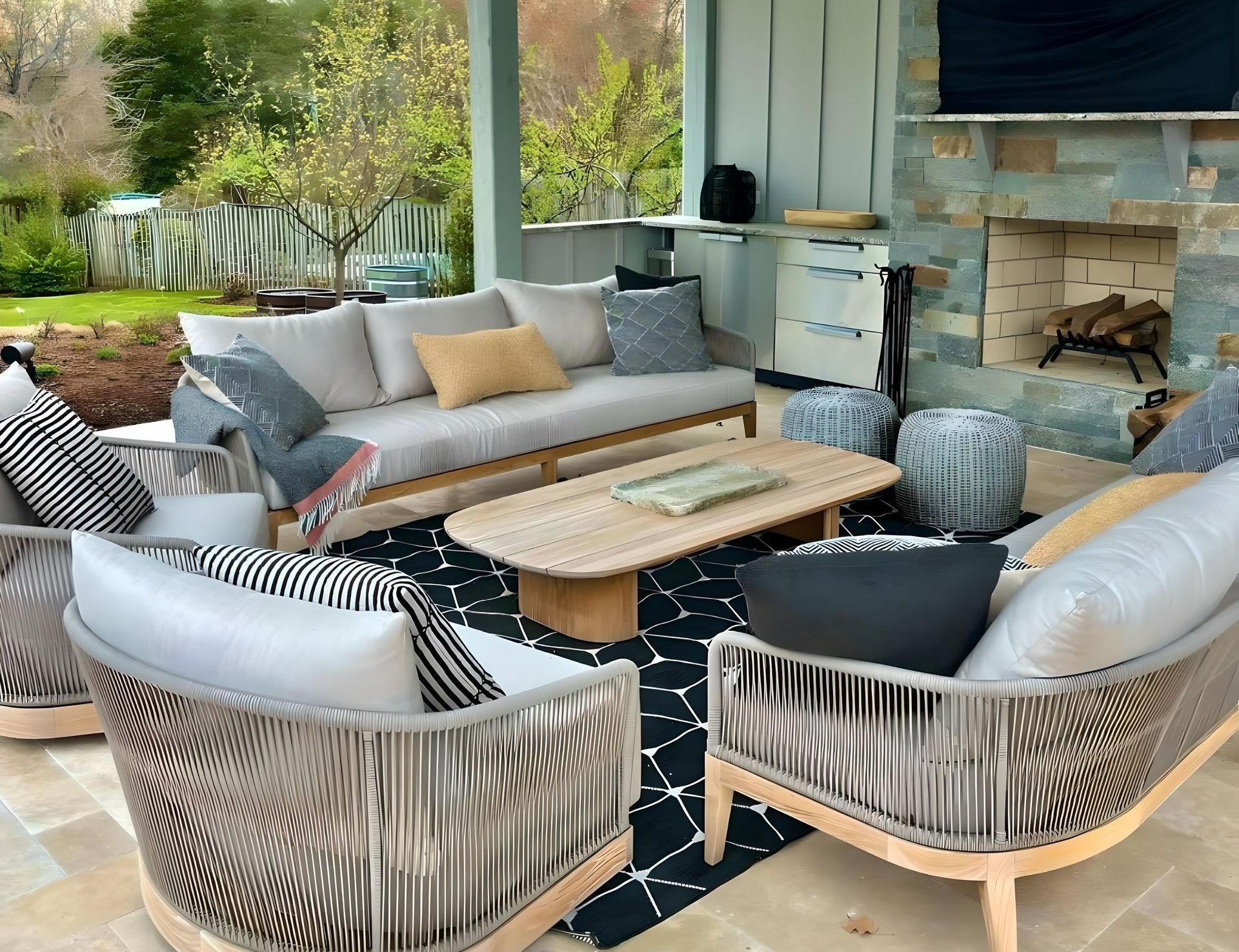 Outdoor seating area with sofa, chairs, coffee table, rug, fireplace, and pillows.