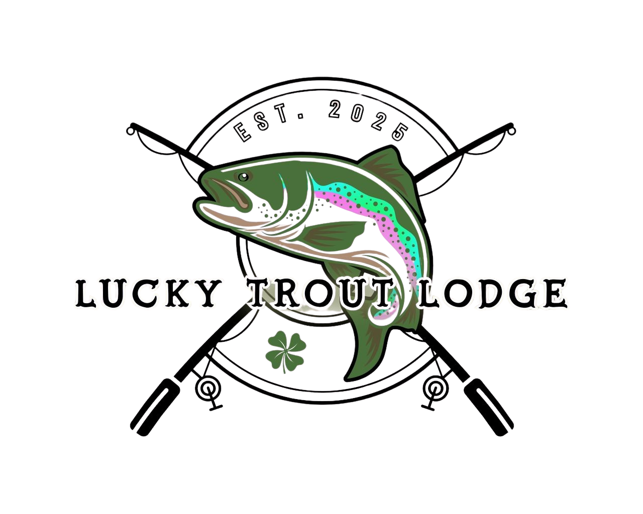 Logo of Lucky Trout Lodge with green trout, crossed fishing rods, and clover.