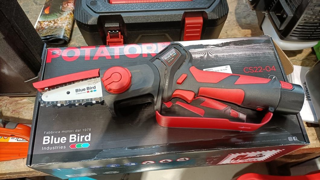 Motosega a batteria rossa e nera appoggiata su una scatola Blue Bird, con una cassetta degli attrezzi rossa sullo sfondo.