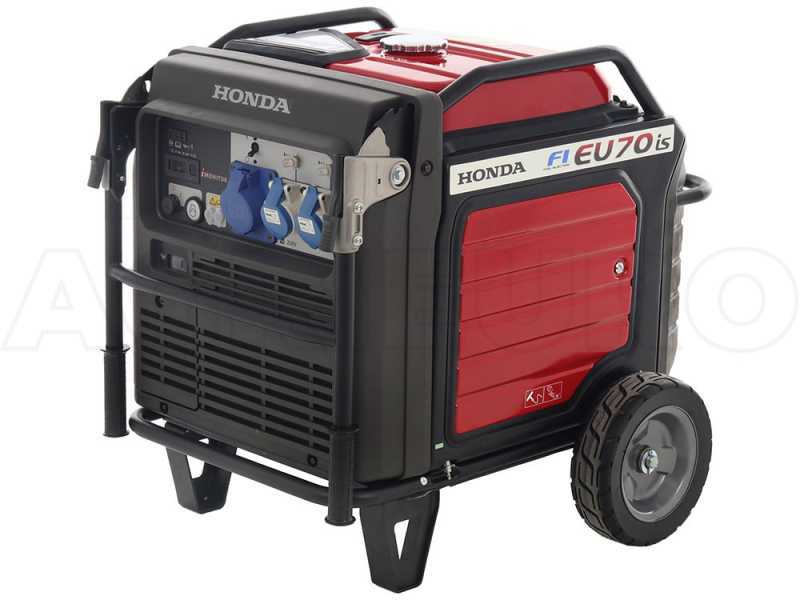 Generatore portatile Honda EU70is di colore nero e rosso, con ruote e maniglia, mostrato di profilo.