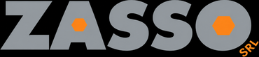 Logo ZASSO in nero e grigio con un esagono arancione su sfondo scuro.