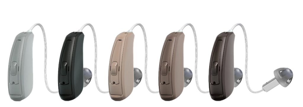 Lineup of NESO 2.4 behind-the-ear receivers shown in black, beige, tan, and brown
