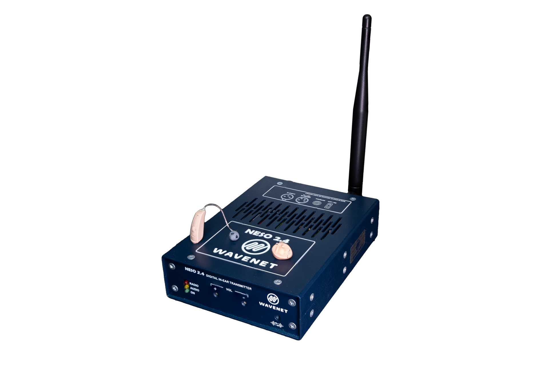NESO 2.4 transmitter base station with in-ear and behind-the-ear receiver options sitting on top