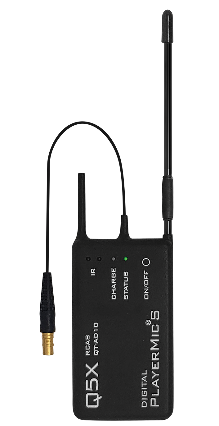 Front on view of Q5X Axient Digital PlayerMic S wireless microphone transmitter