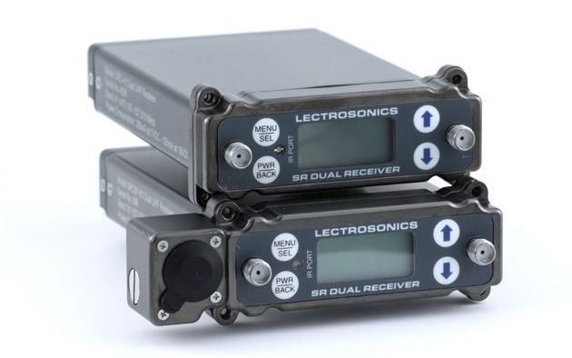 Front view of two Lectrosonics SR Dual Receivers stacked on top of each other