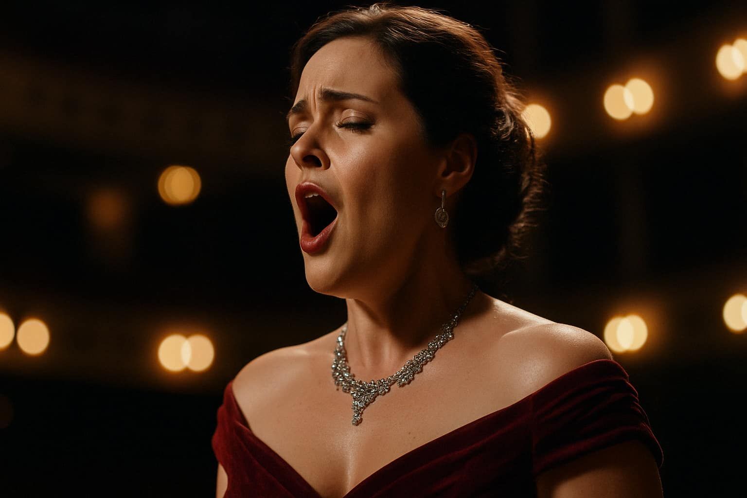 Woman singing emotionally with mouth open wide and eyes closed